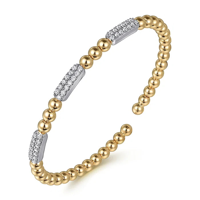 Diamond Pave Three Station Bar Beaded Flexible Bangle Bracelet