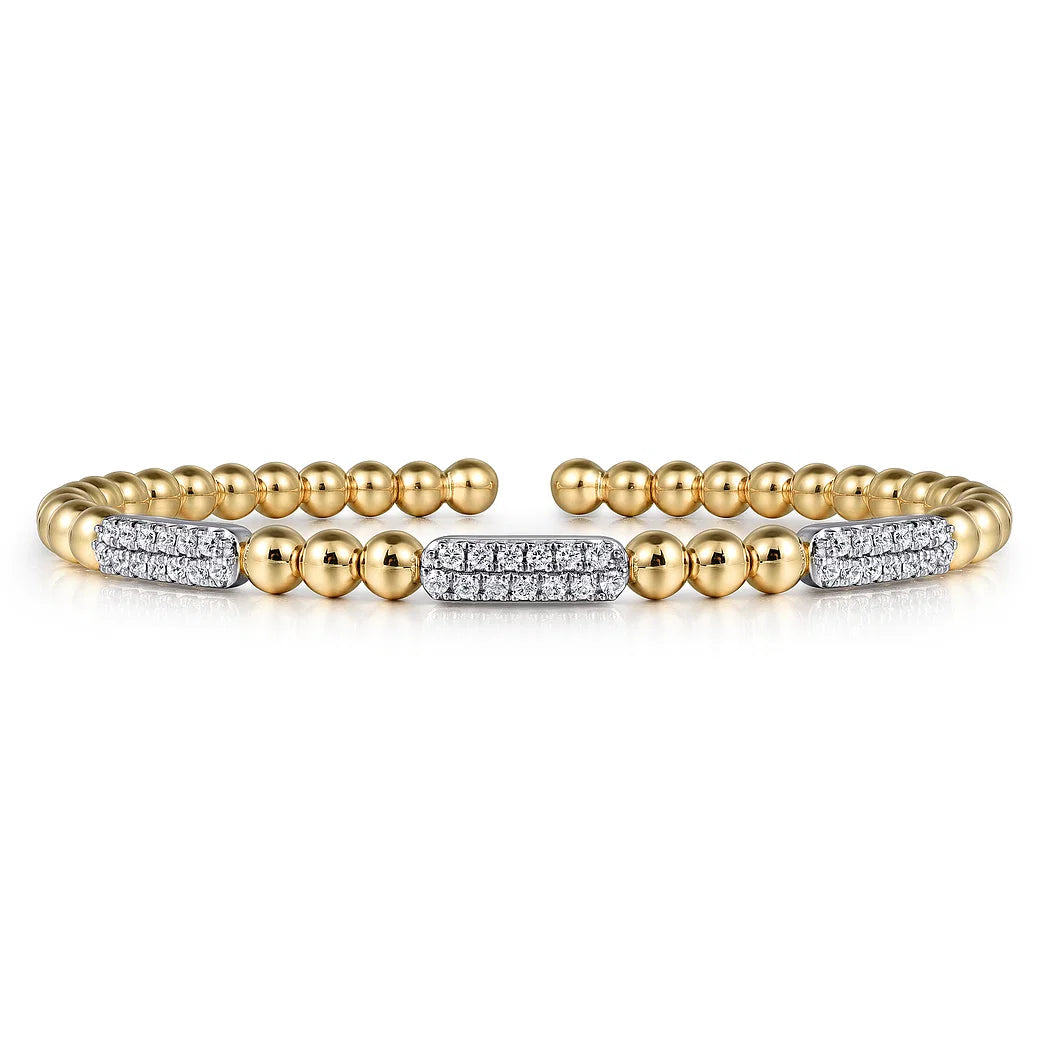 Diamond Pave Three Station Bar Beaded Flexible Bangle Bracelet