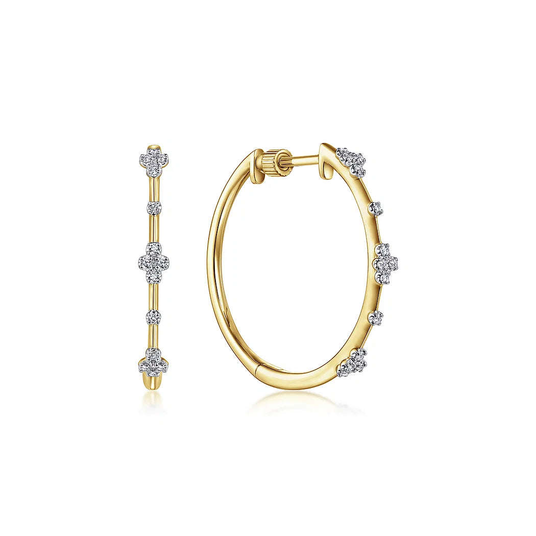 Yellow Gold Quatrefoil Diamond Hoop Earrings