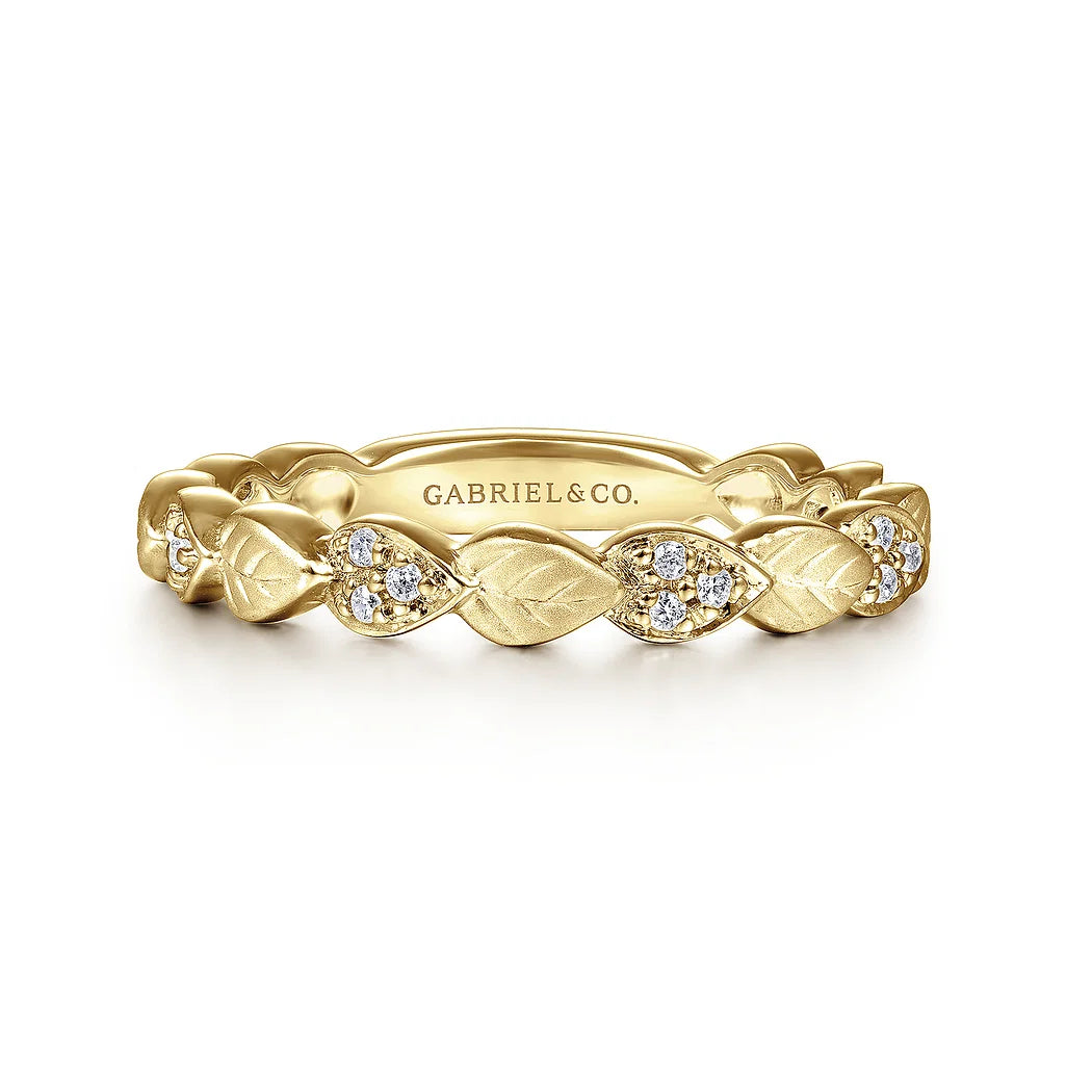 Stackable Yellow Gold Delicate Leaf Diamond Ring