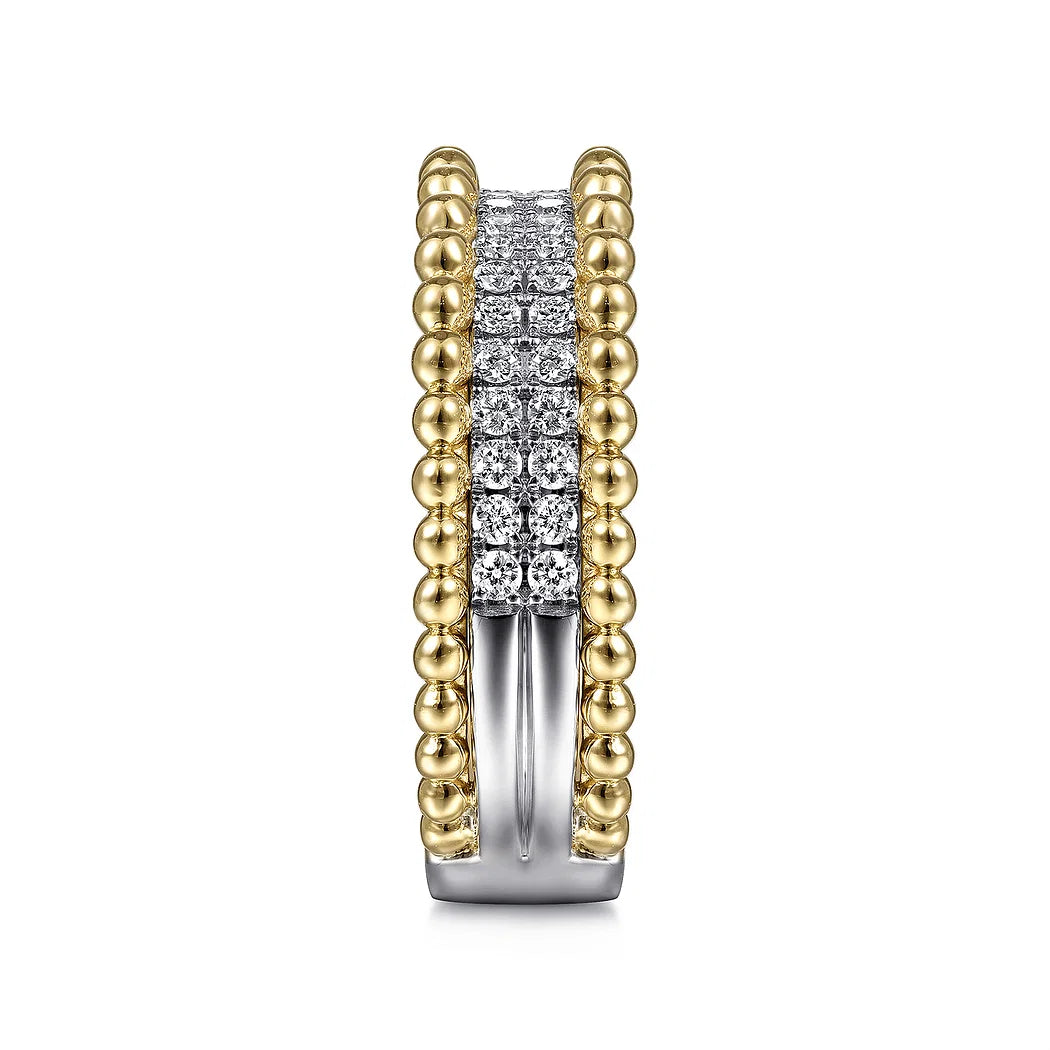 Wide Pave Diamond and Bead Two-Tone Gold Ring