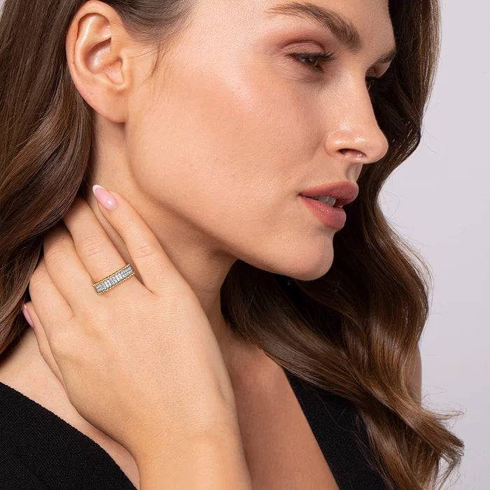 Wide Pave Diamond and Bead Two-Tone Gold Ring