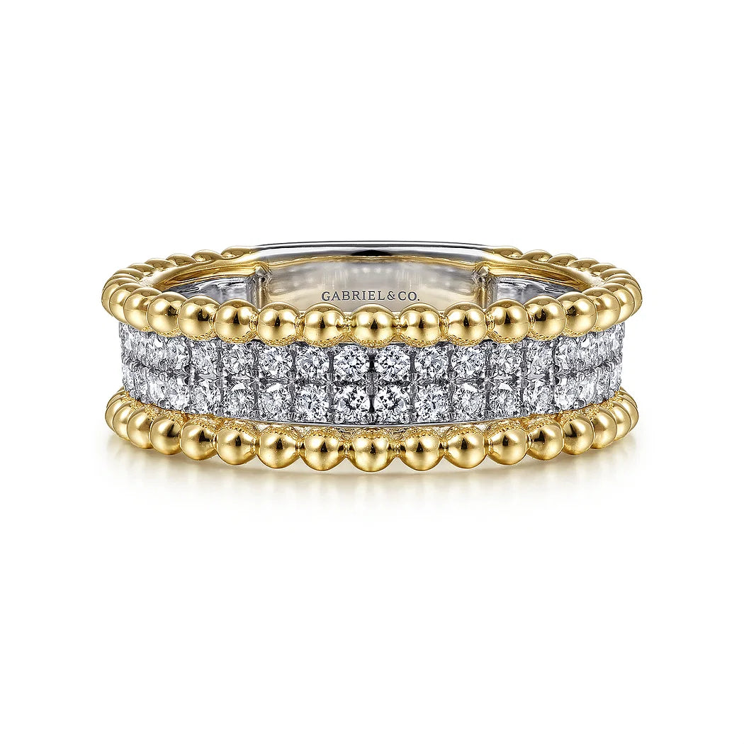 Wide Pave Diamond and Bead Two-Tone Gold Ring