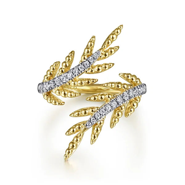 Olive Branch Bypass Ring with Diamonds in Yellow Gold