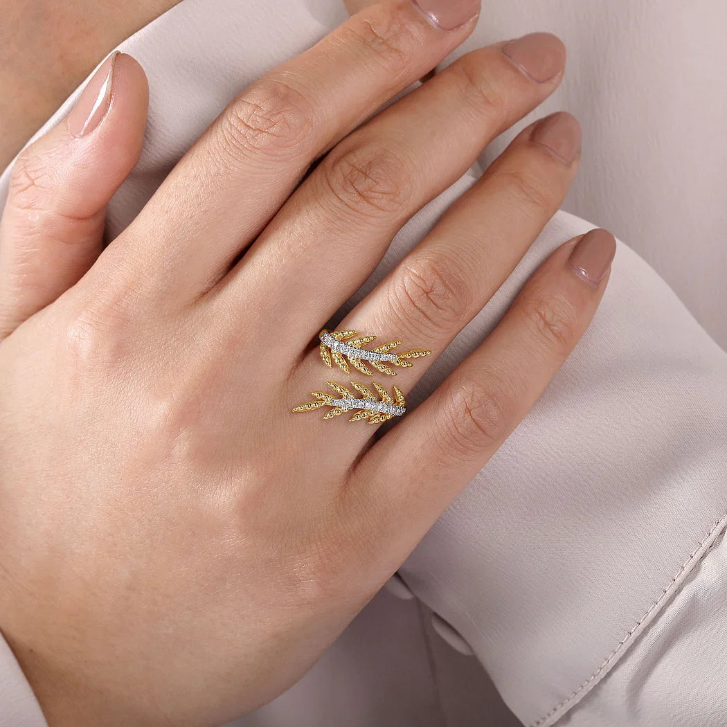 Olive Branch Bypass Ring with Diamonds in Yellow Gold