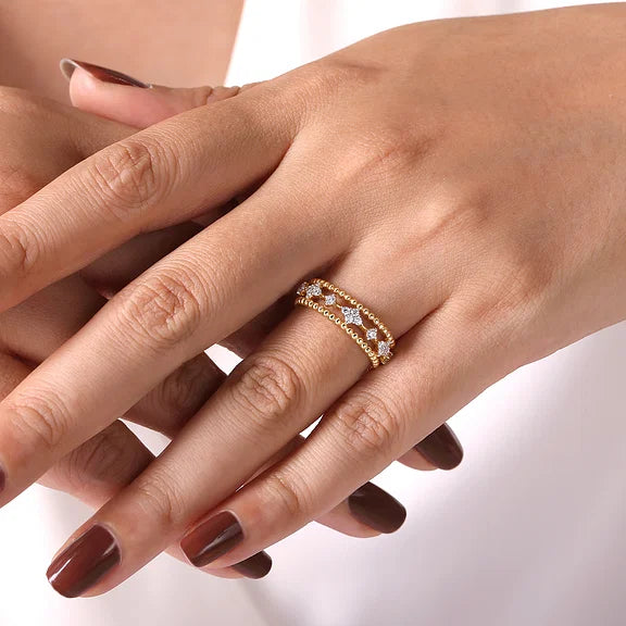 Stackable Triple Row Yellow Gold Bead and Diamond Ring