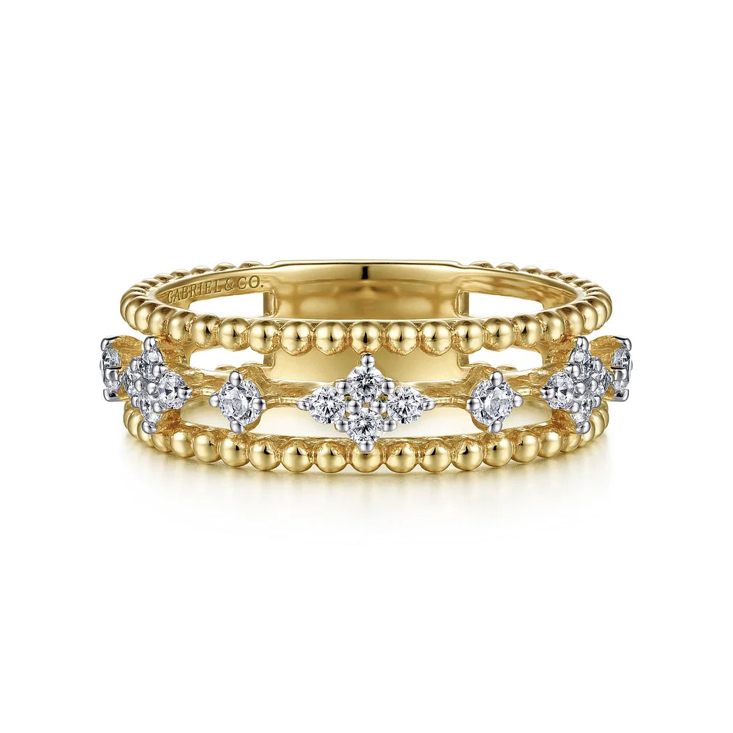 Stackable Triple Row Yellow Gold Bead and Diamond Ring