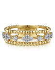 Stackable Triple Row Yellow Gold Bead and Diamond Ring
