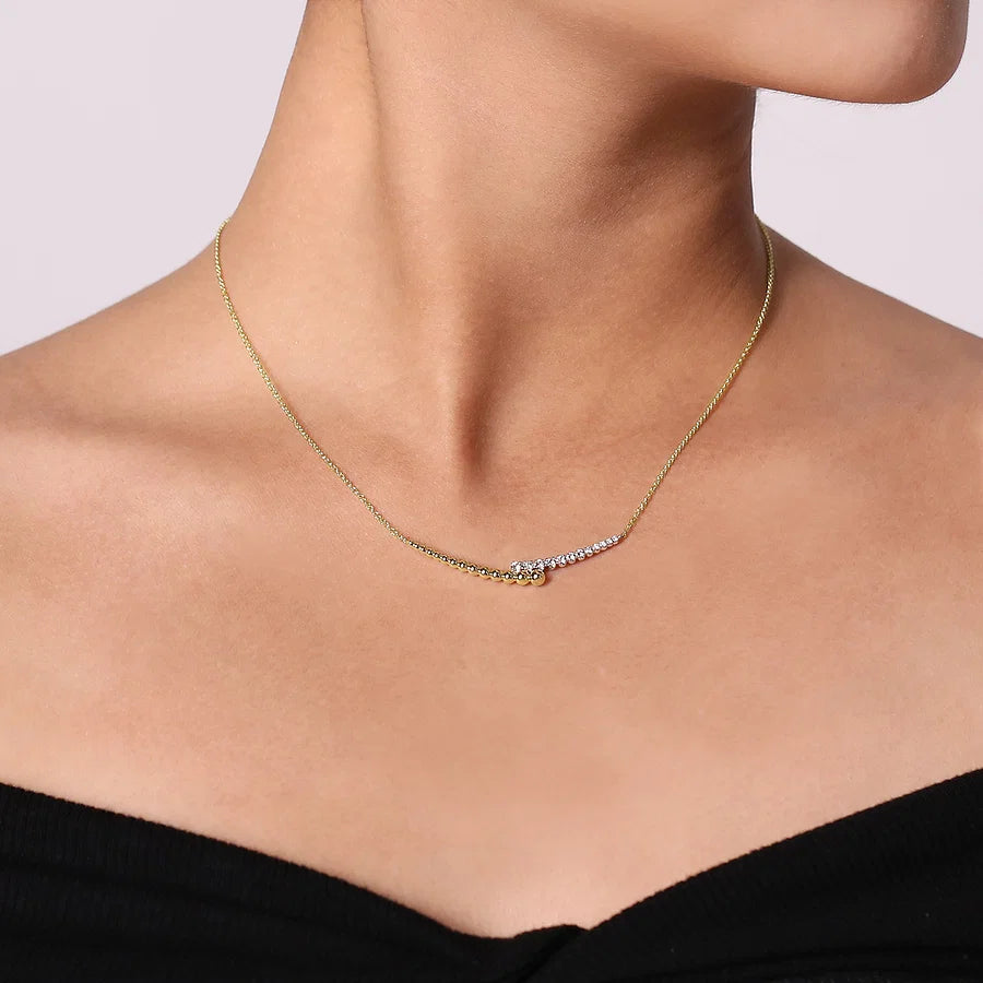 Diamond Bar and Yellow Gold Bead Necklace