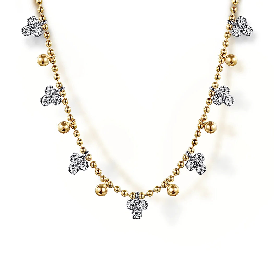 Diamond Drop and Yellow Gold Bead Necklace