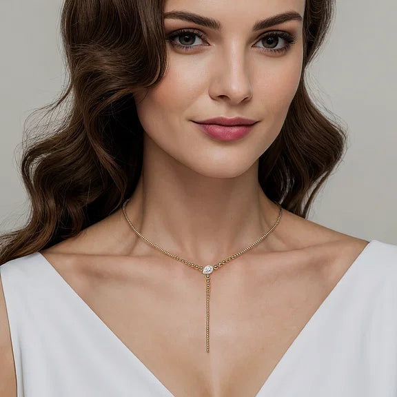 Diamond and Yellow Gold Bead Y Necklace