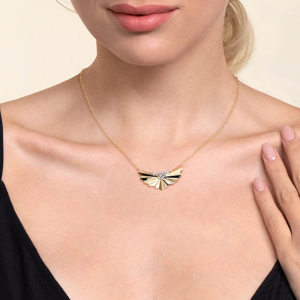 Gold Fan and Diamond Cluster Pendant Necklace