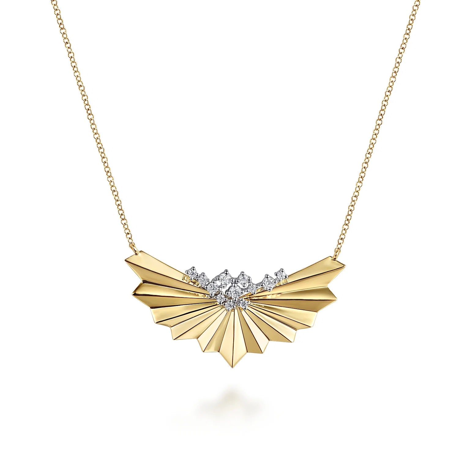 Gold Fan and Diamond Cluster Pendant Necklace