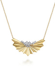Gold Fan and Diamond Cluster Pendant Necklace